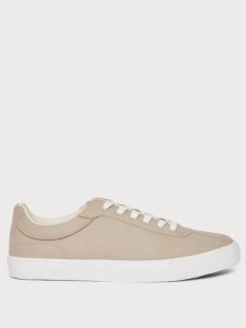 Mens Beige Leather Look Lace-Up Trainers, NAVY