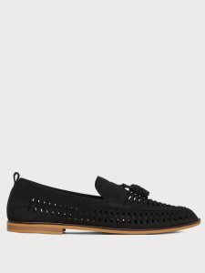Mens Black Pu Leather Look Weave Tassel Loafers, Black