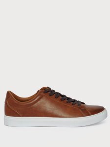 Mens Tan Pu Leather Look Lace-Up Trainers, TAN