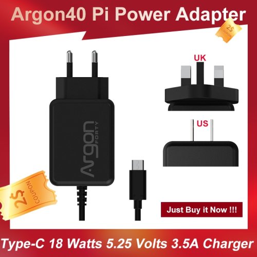 Argon40 Pi Plug Power Adapter Type-C Argon ONE Pi 4 Power Supply 18 Watts 5.25 Volts 3.5A USB C Charger for Raspberry Pi 4