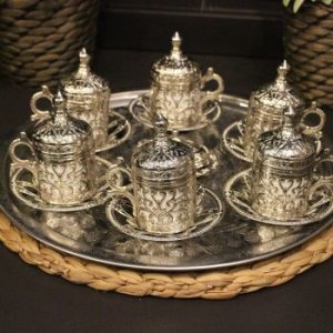Copper Ottoman Turkish Arabic Tea Coffee Espresso Cups Mug Set - 6 pcs Cups Sauces with Tray, Sugar Bowl Made in Turkey Gift Box