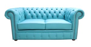 Chesterfield 2 Seater Shelly Dark Teal Blue Leather Sofa Offer