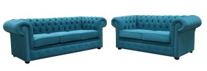 Chesterfield 3+2 Cantare Teal Blue Easy Clean Fabric Sofa Suite