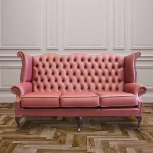 Chesterfield 3 Seater Queen Anne High Back Wing Sofa Burgandy&hellip;