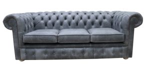 Chesterfield 3 Seater Settee Cracked Wax Ash Grey Leather Sofa