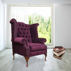 Chesterfield Fabric Queen Anne High Back Wing Chair Aubergine&hellip;