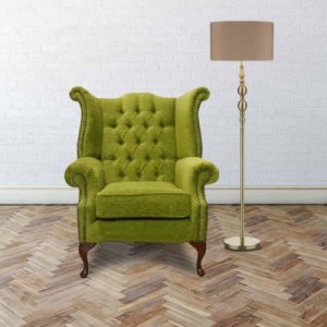 Chesterfield Fabric Queen Anne High Back Wing Chair Citrus Green