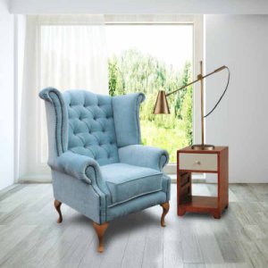 Chesterfield Fabric Queen Anne High Back Wing Chair Duck Egg&hellip;