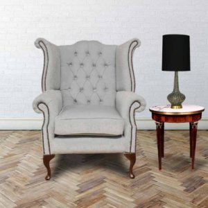 Chesterfield Fabric Queen Anne High Back Wing Chair Duck Egg Blue