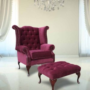 Chesterfield Fabric Queen Anne High Back Wing Chair + Matching&hellip;