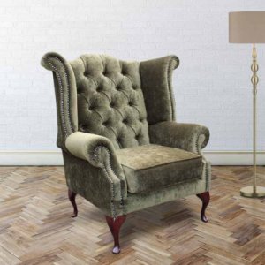 Chesterfield Fabric Queen Anne High Back Wing Chair Moss Green