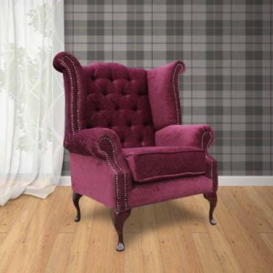 Chesterfield Fabric Queen Anne High Back Wing Chair Pimlico Damson