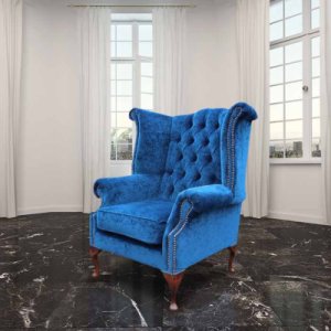 Chesterfield Fabric Queen Anne High Back Wing Chair Royal Blue