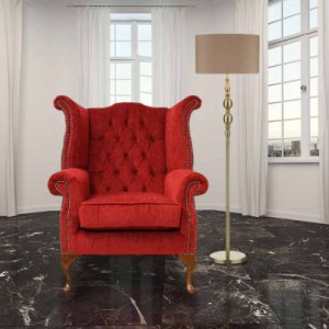 Chesterfield Fabric Queen Anne High Back Wing Chair Velluto Tomato