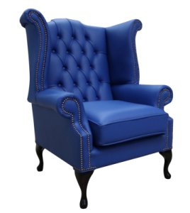 Designersofas4u Chesterfield queen anne high back wing chair blue leather