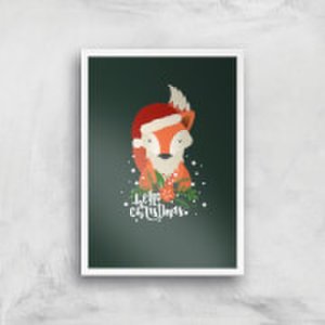 Christmas Fox Hello Christmas Art Print - A2 - White Frame