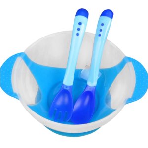 Baby Suction Cup Bowl Slip-resistant Tableware Temperature Sensing Spoon Set 3 Pcs