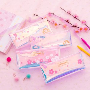 Pink petal Cherry blossoms laser PVC transparent pencil case storage bag korean stationery school pencil cases for girl