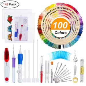 Embroidery Starter Kit Full Set-Magic Embroidery Pen Punch Needle,Hoops,Threads,Stitching Punch Pen Set Craft Tool for Beginner
