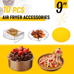 5Pcs 9 Non-stick Silicone Mat Air Fryer Accessories Cake Barrel Pizza Pan Metal Holder Skewer Rack for 5.3-6.8QT Air Fryer New