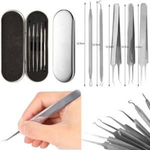 5PCS Blackhead Acne Extractor Needle Tweezers Straight Hooked Stainless Steel Pimple Extractor Remover Set Box Face Care 3AP26