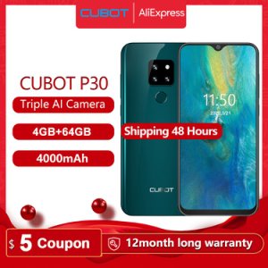 Cubot P30 Smartphone 6.3 Waterdrop Screen 2340x1080p 4GB+64GB Android 9.0 Pie Helio P23 AI Rear Triple Cameras Face ID 4000mAh