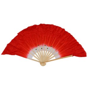 EAS-Beige Bamboo Ribs Flutter Fabric Chinese Folk Dancing Hand Fan Red White