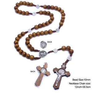 Fashion Handmade Round Bead Catholic Rosary Cross Religious Wood Beads Men Necklace Charm Gift 090C