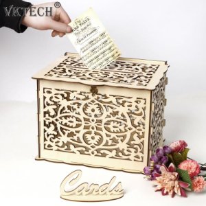 Hollow DIY Wedding Gift Card Box Container Wooden Money Box with Lock Wedding Party Decoration Supplies Drop Shipping