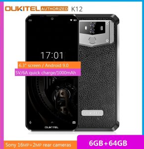 OUKITEL 10000mAh 5V/6A Quick Charge Smartphone K12 6.3 FHD+ Big Screen Waterdrop Android 9.0 Octa Core Mobile Phone 6GB 64GB