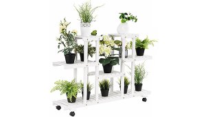 4-Tier White Wooden Flower Rack with Wheels