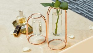 Set of 2 Cylinder Vases With Geometric Metal Stands