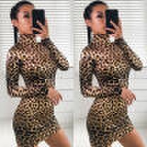 Canis Fashion women leopard bodycon long sleeve evening party cocktail short mini dress