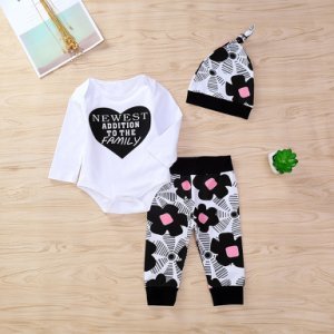 3-piece Sweet Printed Long Sleeve Bodysuit, Pants and Hat Set for Baby Girls