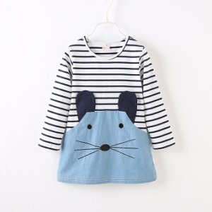 Cute Mouse Applique Striped Long-sleeve Dress for Baby Girl and Girl