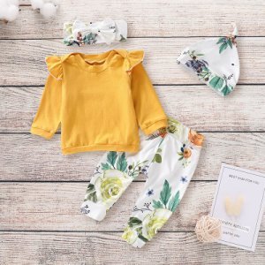 Ruffled Yellow Top Floral Pants Hat and Headband Outfit