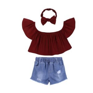 Stylish Solid Off-shoulder Short-sleeve Top, Frayed Denim Shorts and Headband Set for Toddler Girl and Girl