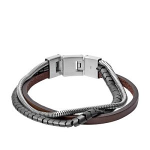 Fossil Men Multi-Strand Haematite And Brown Leather Bracelet - One size