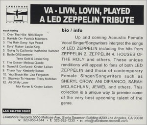 Led Zeppelin Livin' Lovin' Played: A Led Zeppelin Tribute 2002 USA CD album LAKCD-PRO33691