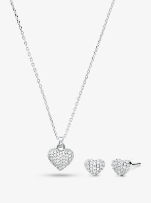 14k Gold-Plated Sterling Silver Pave Heart Necklace And Stud Earrings Set