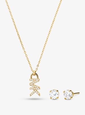 Michael Kors 14k rose gold-plated sterling silver pave logo necklace and stud earrings set