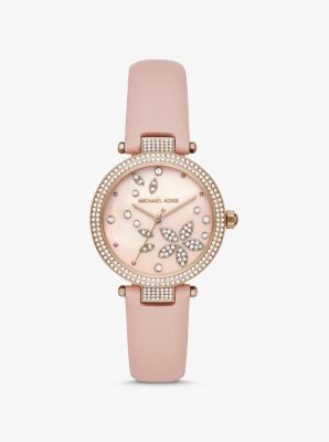 Michael Kors Parker pave rose gold-tone and leather watch