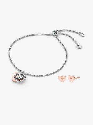 Precious Metal-Plated Sterling Silver Pave Heart Slider Bracelet And Logo Stud Earrings Set
