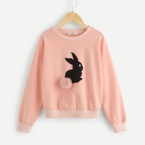 Girls Drop Shoulder Pompom Detail Rabbit Sweatshirt