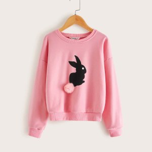 Shein Girls pompom detail rabbit print pullover
