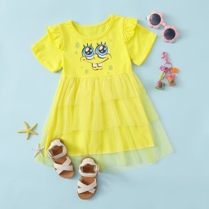 SpongeBob x SHEIN Baby Girl Ruffle Trim Mesh Panel Dress