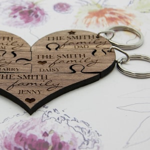 Personalised Family Heart Wooden Jigsaw Keyring