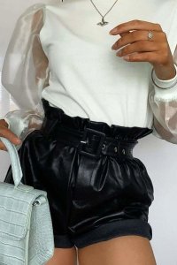 Black Faux Leather Paper Bag Style Shorts - 14
