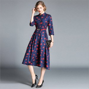 2018 autumn new clothes women's elegant fashion red print long dress