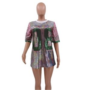 AKA Sorority Clothing Pink And Green Jersey Number 08 T shirt O-neck Short Sleeve Sequined Sexy Women Casual Dresses